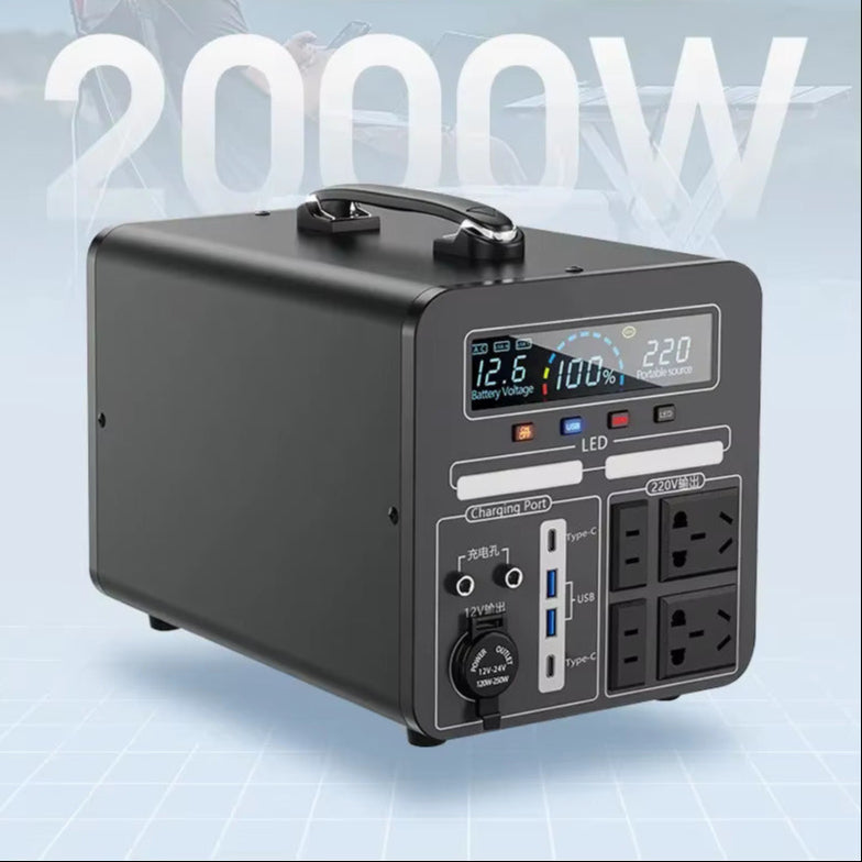 2000W portable solar power station with 2 foldable 200W solar panels, for off-grid living, camper vans, camping, blackouts, an
