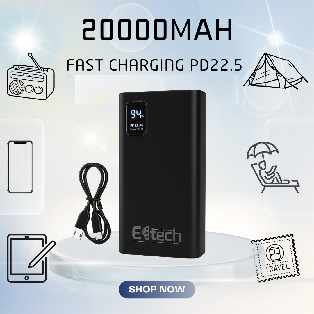 20,000mAh Portable Power Bank - 22.5W Fast Charging LED Display UK