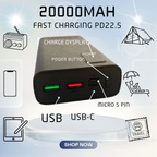 20,000mAh Portable Power Bank - 22.5W Fast Charging LED Display UK