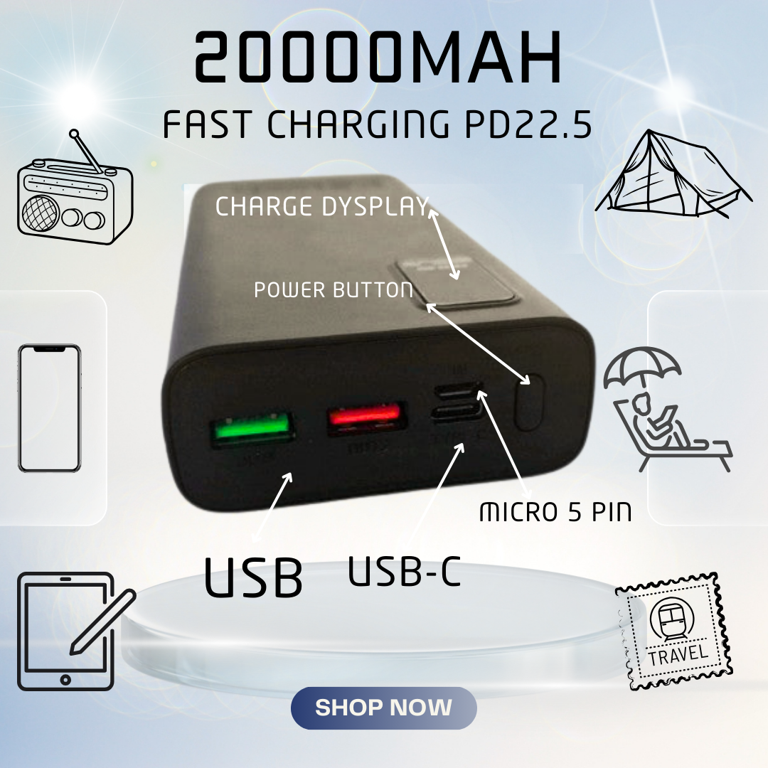 20,000mAh Portable Power Bank - 22.5W Fast Charging LED Display UK