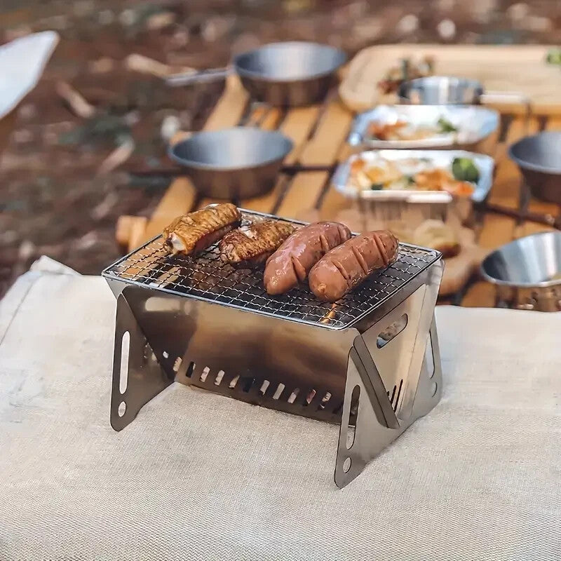 Compact Stainless Steel BBQ Grill - Foldable, Lightweight for Solo Camping