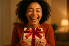 a happy person smiling after recieving a present